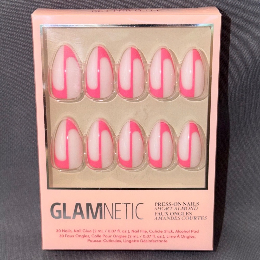 Glamnetic Press On Nails Short Almond Pink White Geometric Swirl Better Half